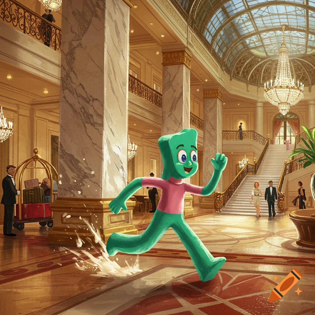 Gumby, a green cartoon character, runs through a grand hotel lobby, splashing.