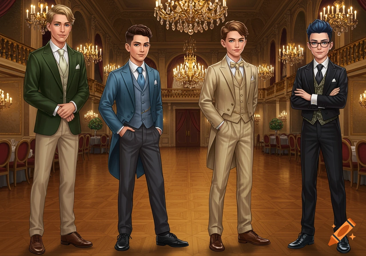 Four young men in various formal tuxedos stand in an opulent ballroom with chandeliers, in an illustrated style.