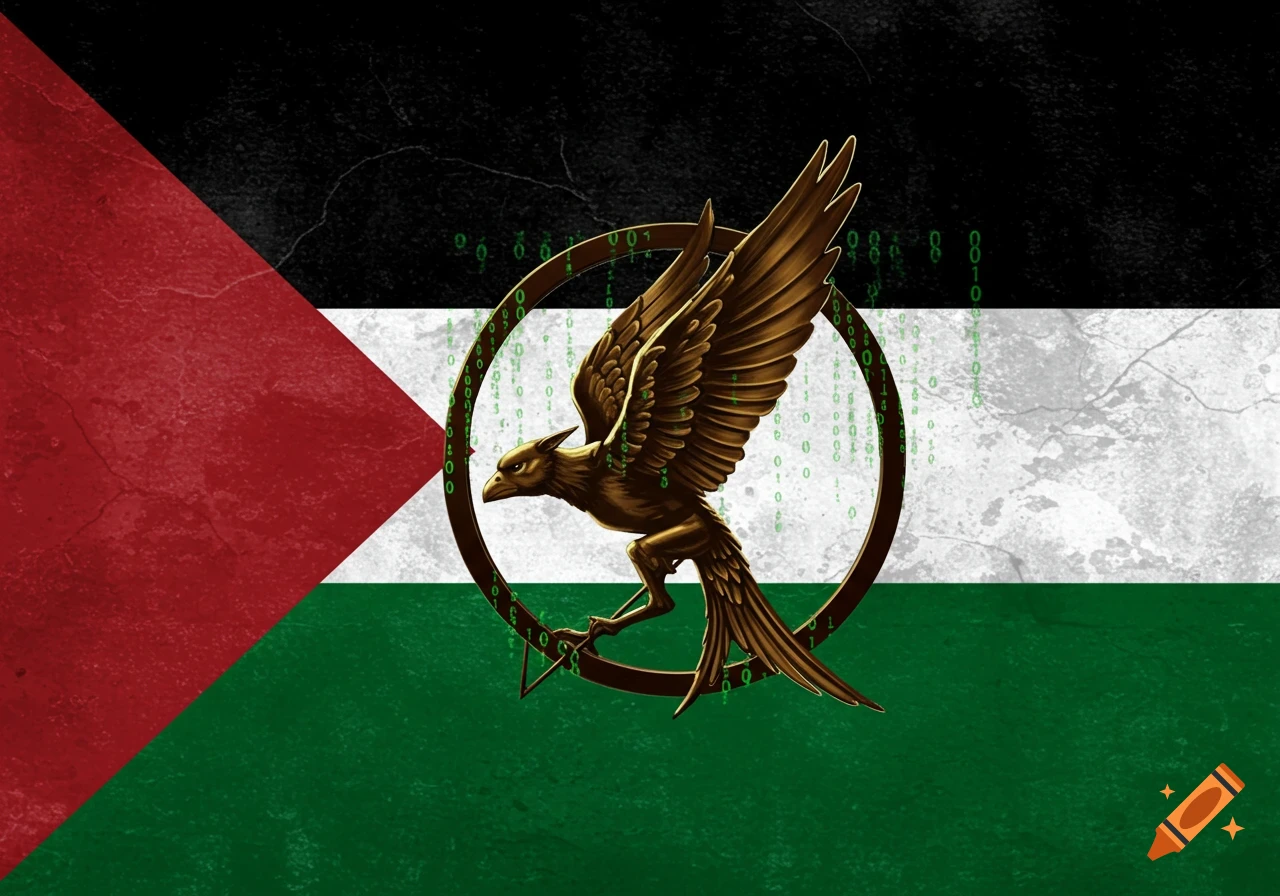 A golden bird resembling a mockingjay in a ring, surrounded by green binary code, centered on a grunge-textured Palestinian flag.