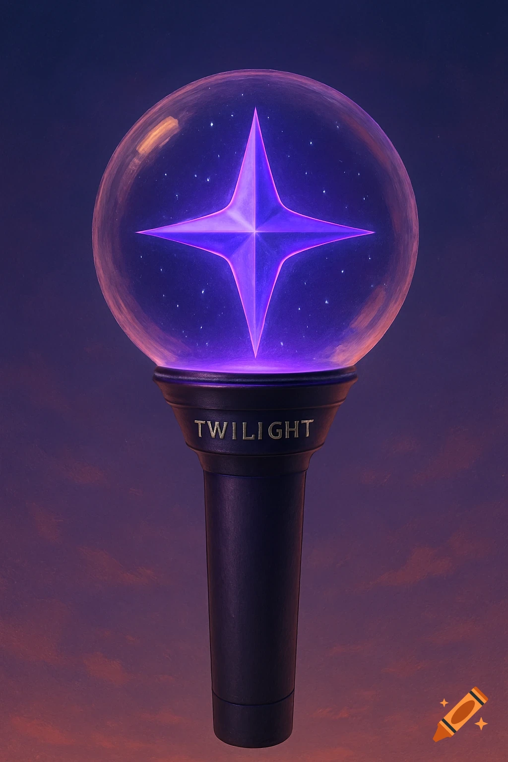 A purple K-pop lightstick with a glowing purple star inside a clear sphere, and the word 'TWILIGHT' on its handle, set against a twilight sky.