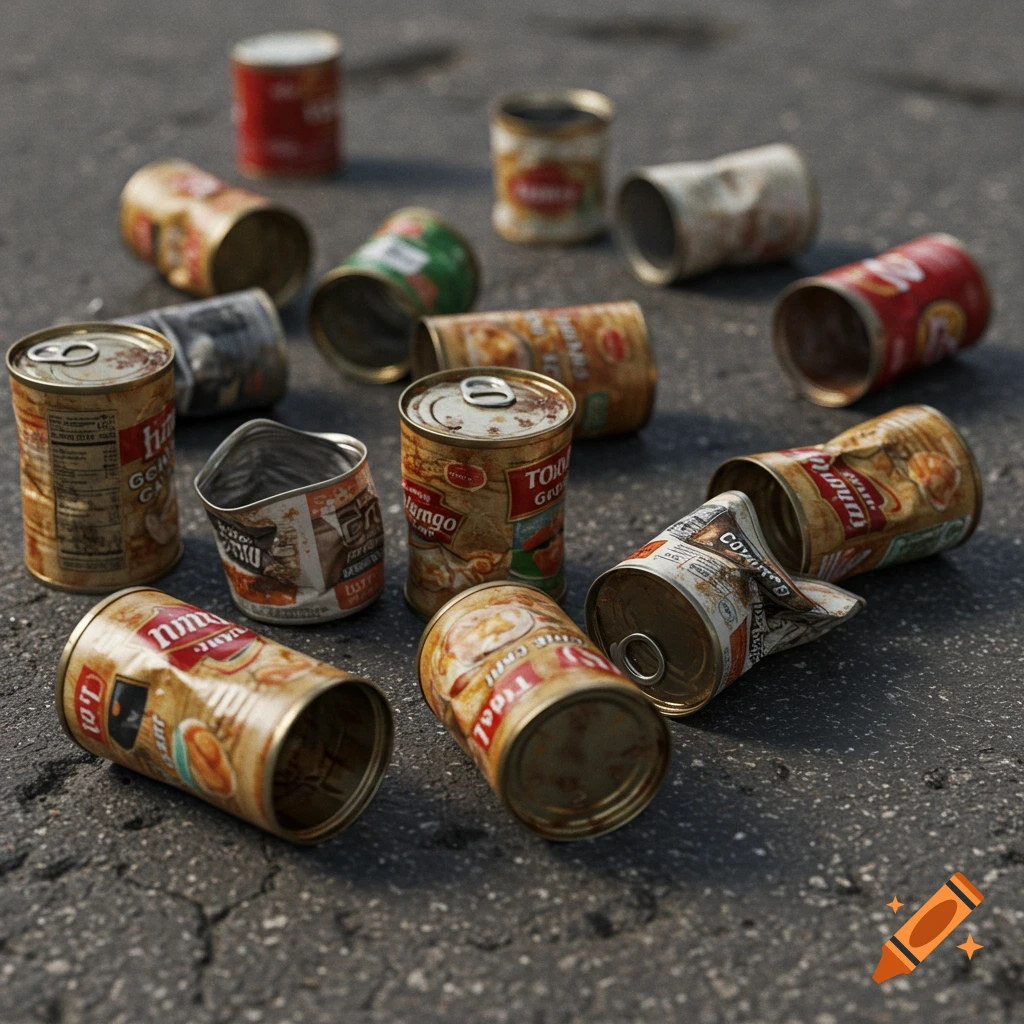 A close-up, photorealistic 3D rendering of numerous dirty, empty, and dented food cans scattered on a cracked asphalt surface.