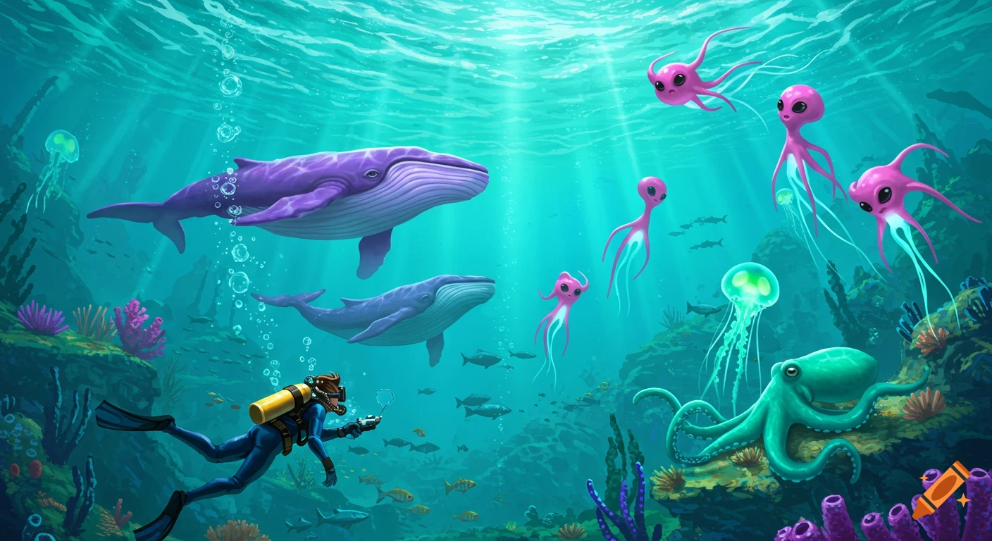 Colorful underwater illustration with a diver, purple whales, turquoise octopus, green jellyfish, and pink alien creatures swimming among coral.