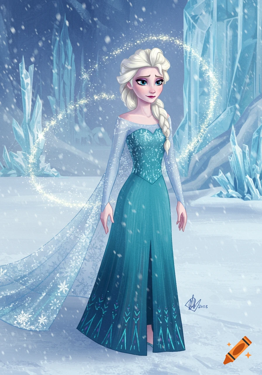 Illustrated full-body portrait of Elsa from Frozen in her blue dress, standing in a snowy ice kingdom with sparkling magic. on Craiyon Illustrated full-body portrait of Elsa from Frozen in her blue dress, standing in a snowy ice kingdom with sparkling magic. on Craiyon