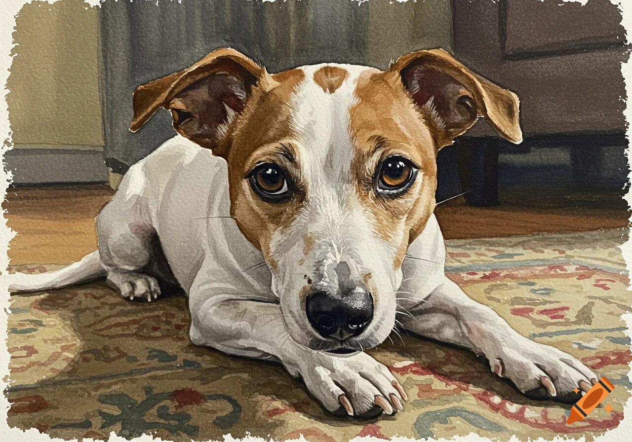 A watercolor painting of a small white and brown dog with expressive eyes, lying on a patterned rug indoors.