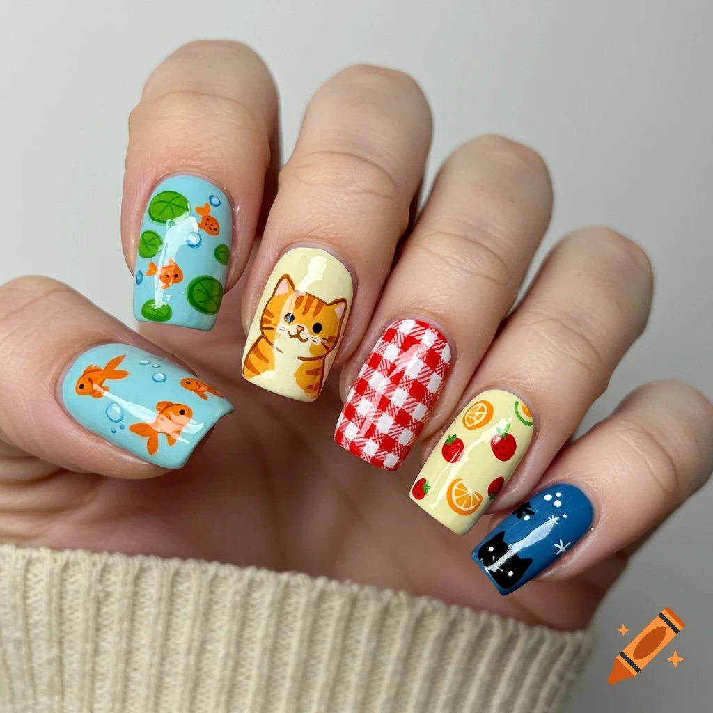 A hand with vibrant, decorative nail art featuring goldfish, a tabby cat, gingham pattern, assorted fruits, and black cats under a starry blue sky.