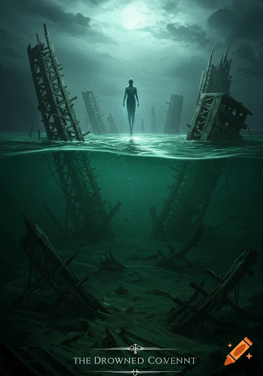 A ethereal figure stands on the surface of dark green water surrounded by crumbling, sunken structures under a glowing moon in a stormy sky.