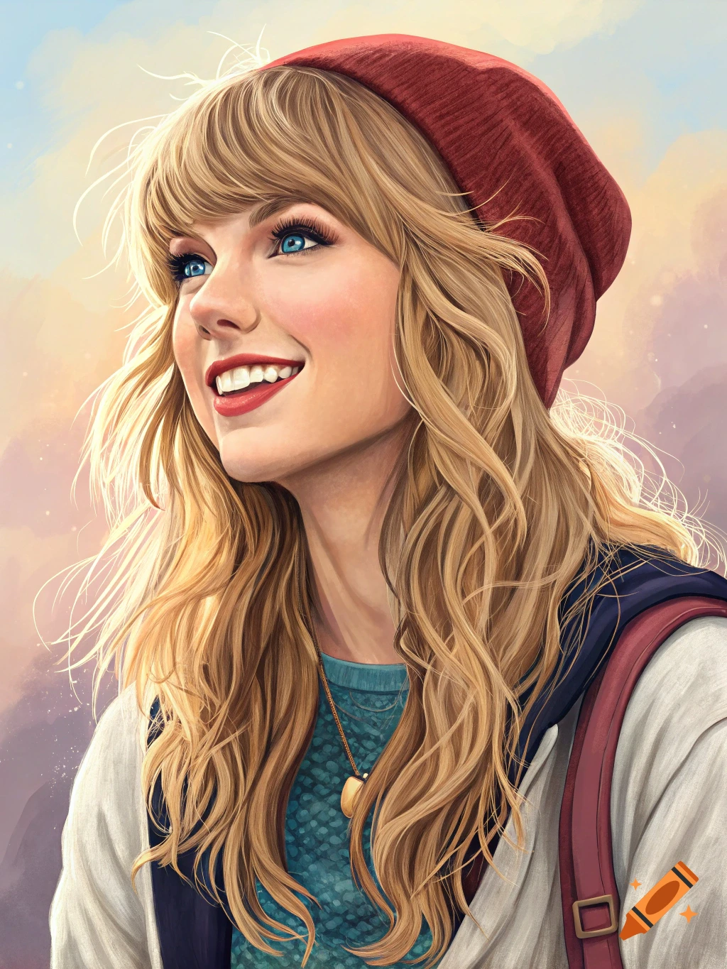 Stylized portrait of Taylor Swift smiling, with blonde hair and blue eyes, wearing a red beanie and backpack, looking up.