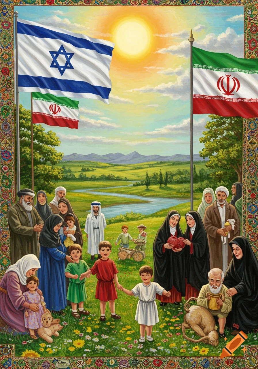 An illustration depicts people of various ages, including families and children, from different cultural backgrounds in a lush green valley with a river. Flags of Israel and Iran wave prominently above them under a sunny sky, symbolizing peace and unity.