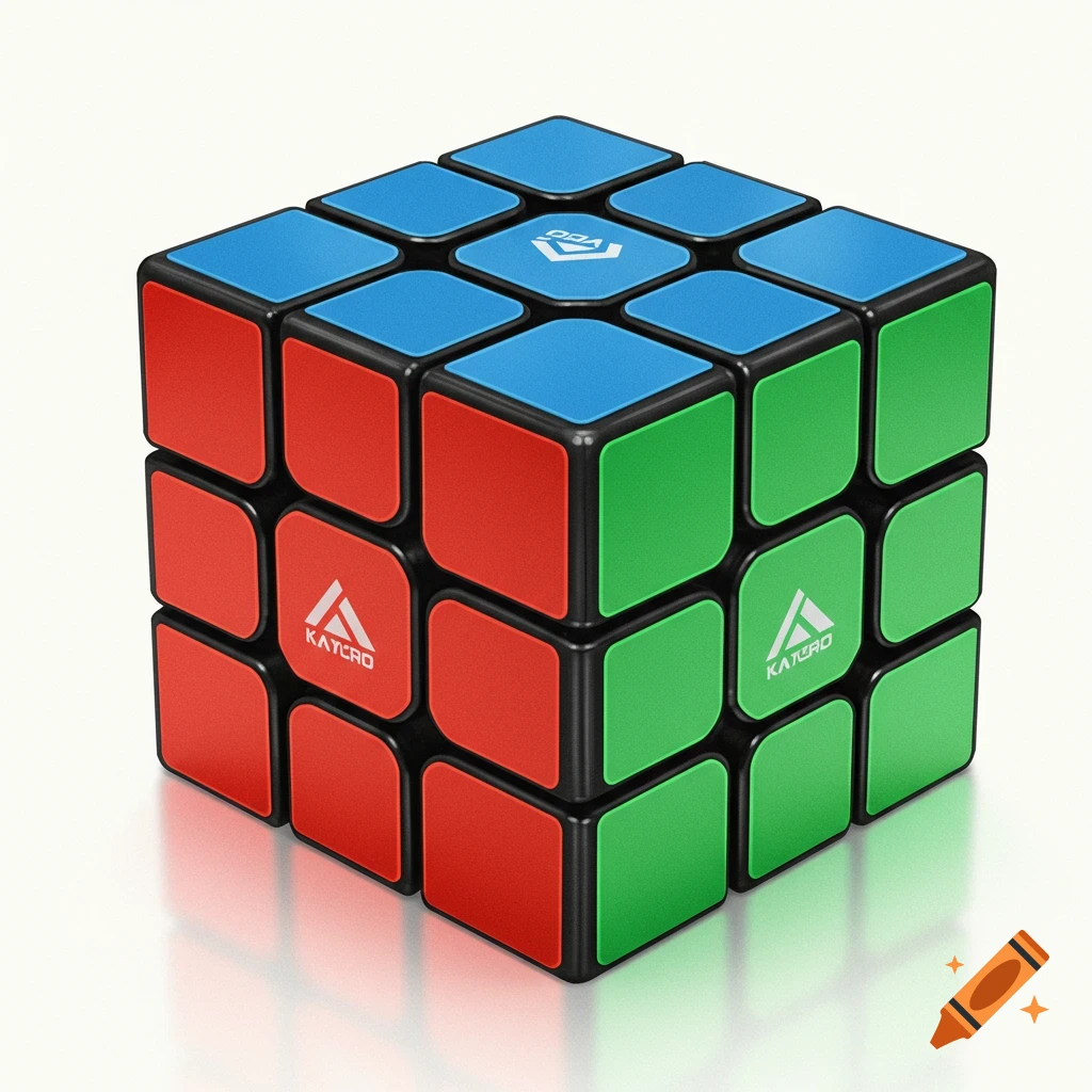 A 3x3 puzzle cube with red, blue, and green faces, featuring black borders and brand logos, casting a reflection.