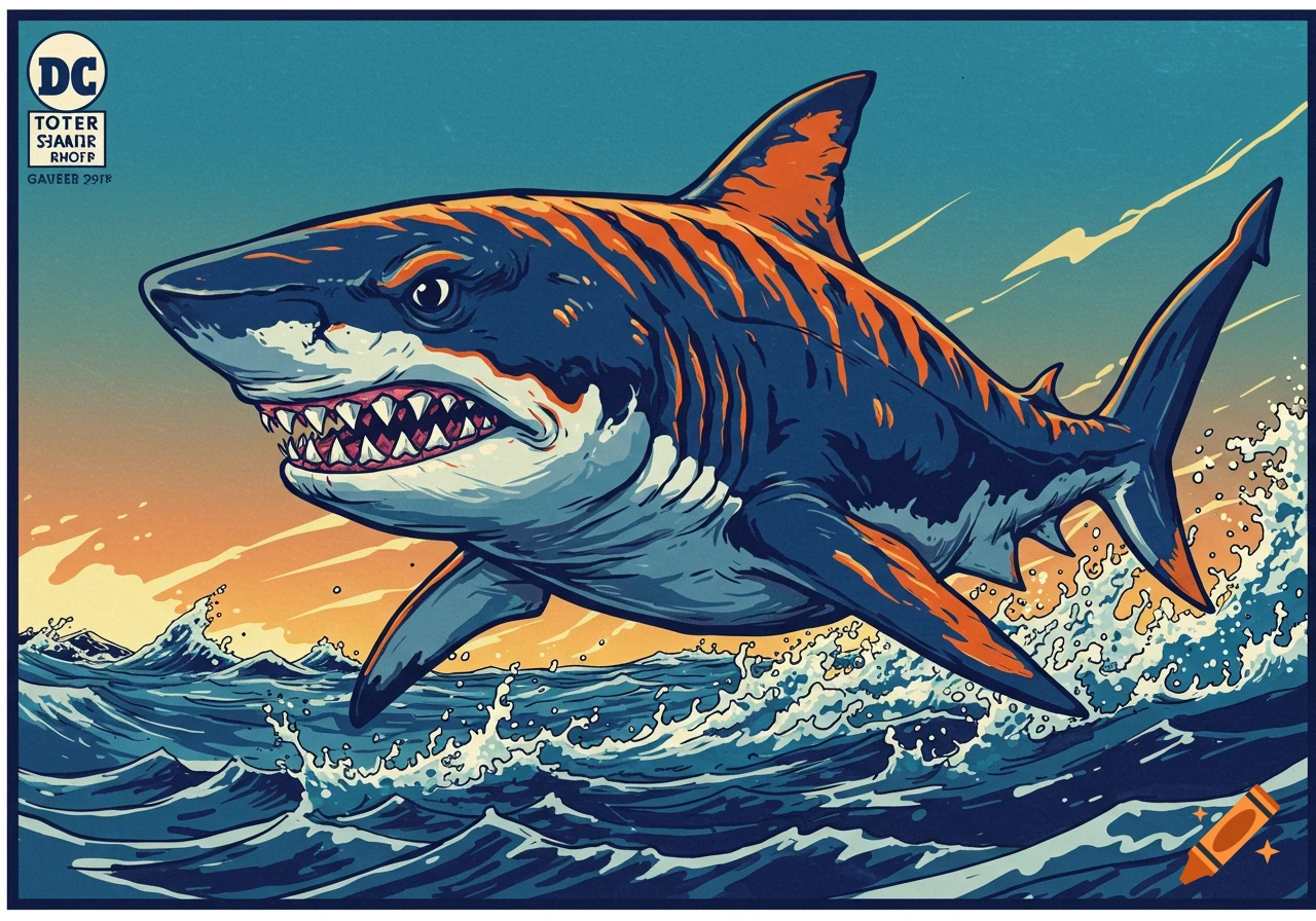 Navy and orange tiger shark leaping from wavy blue water in a comic book style illustration, with a yellow and orange sunset background.