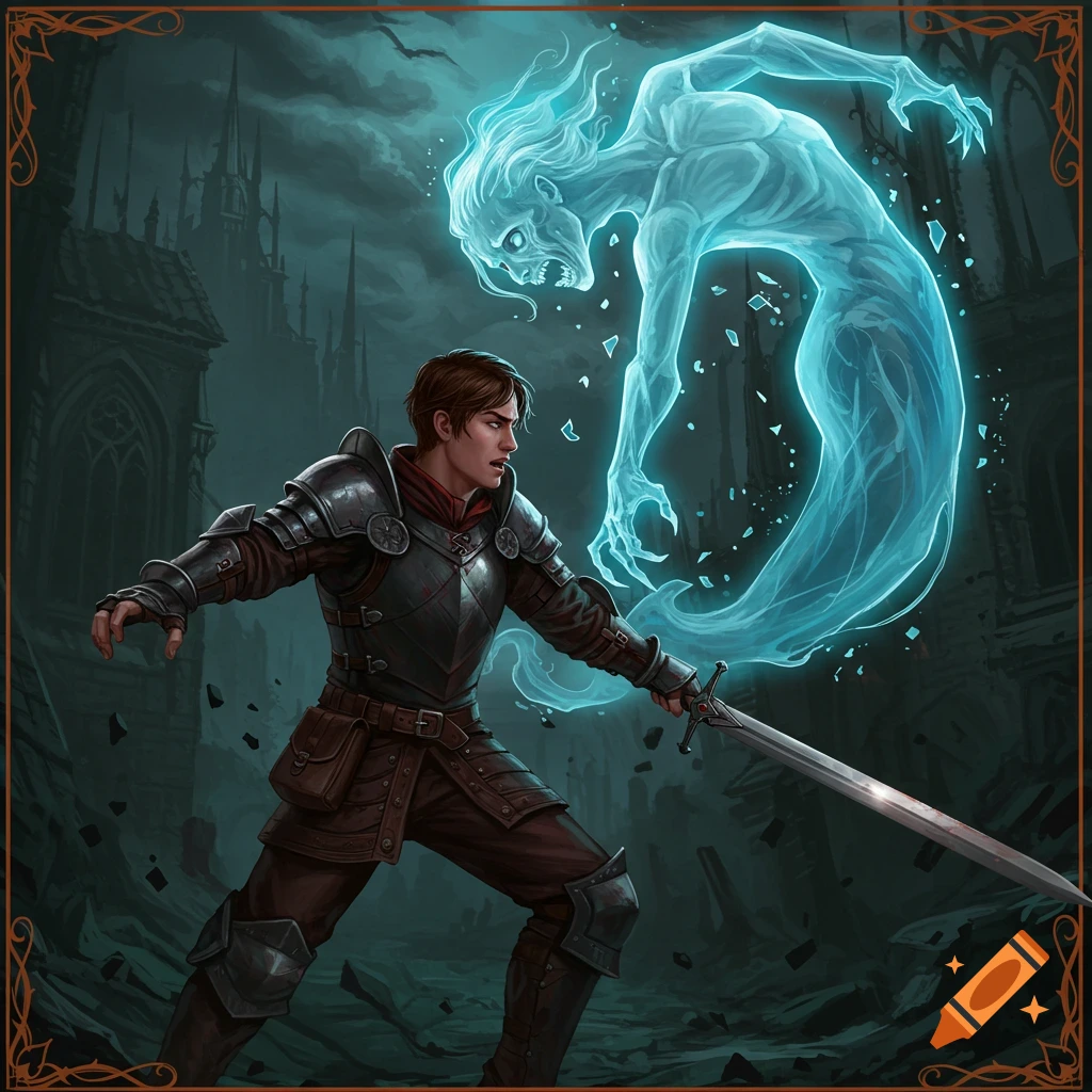 A valiant knight in armor wields a sword against a glowing blue spectral ghost in front of a dark castle.