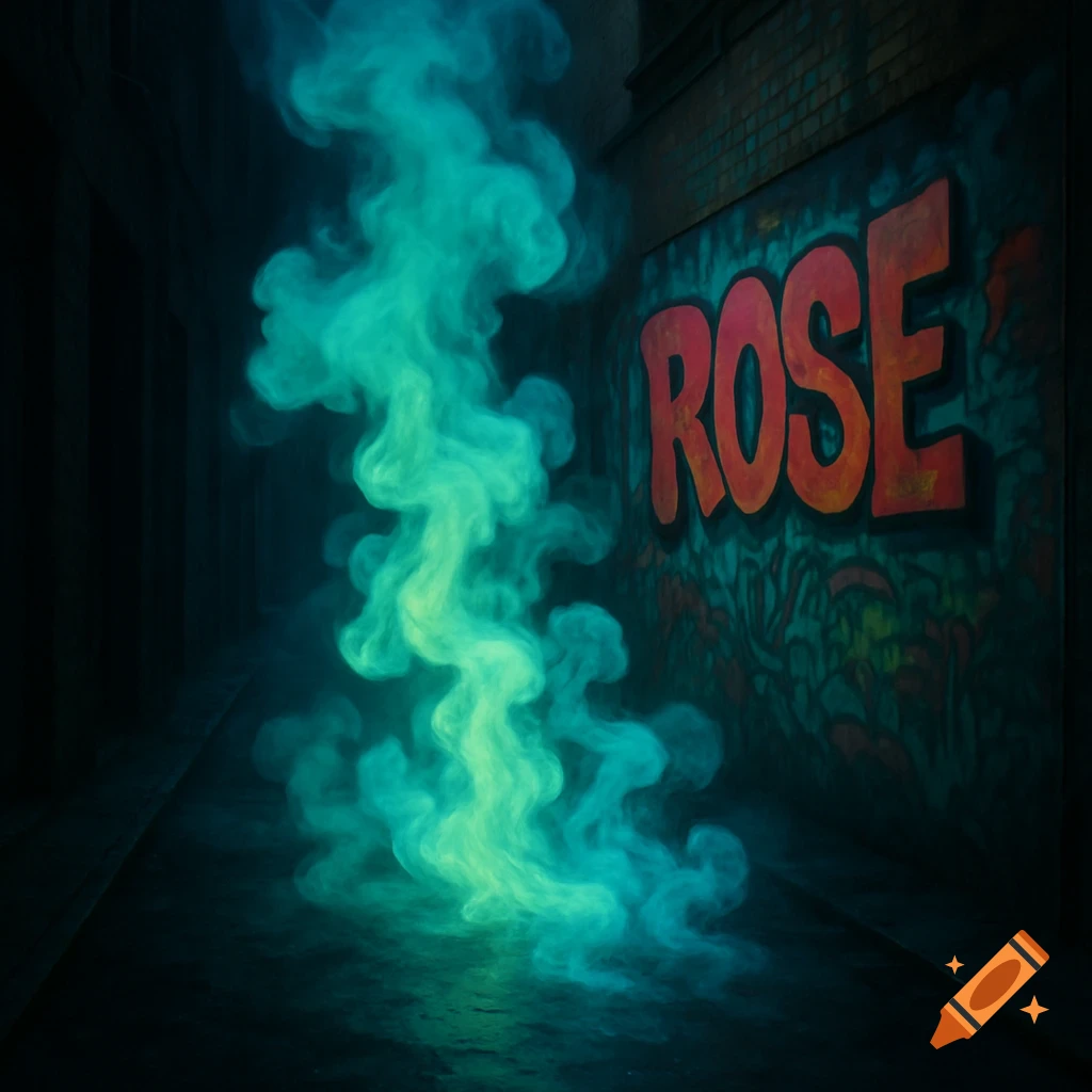 Light green and blue smoke fills a dark alley with a vibrant red 'ROSE' graffiti tag on a brick wall.
