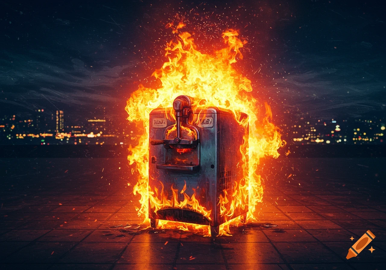 A vintage ice cream machine is engulfed in large, dramatic flames on a dark, tiled surface, with city lights blurred in the distant background.