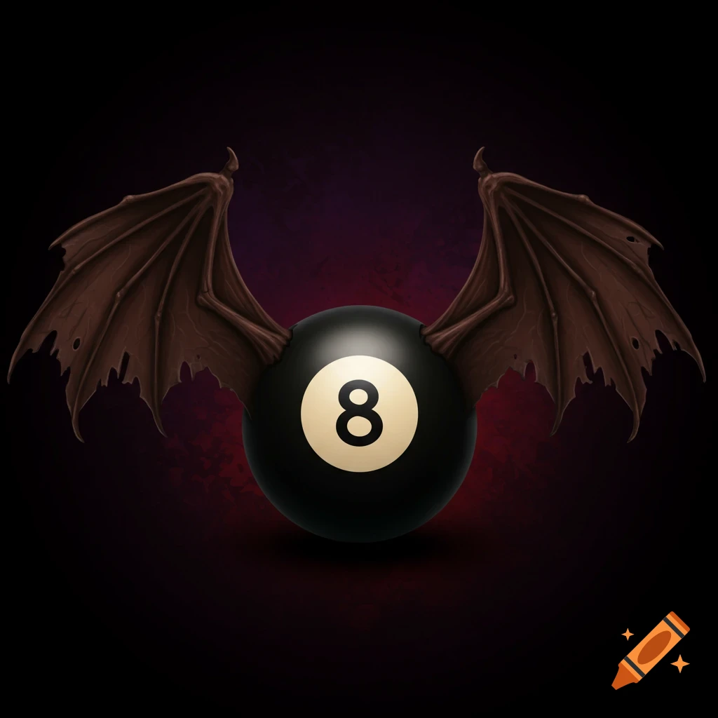 A black 8-ball with large, leathery brown bat wings emerging from its sides, set against a dark, smoky background.