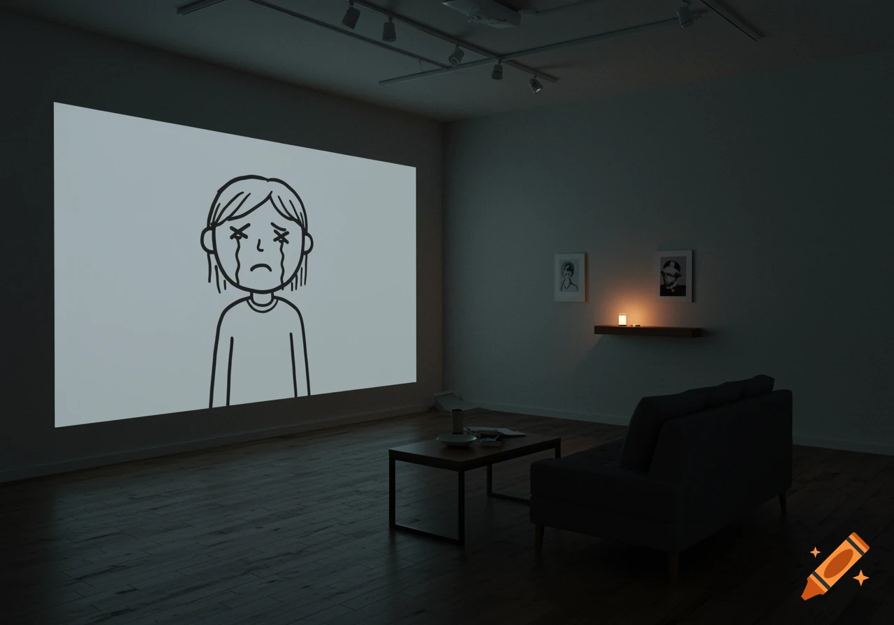 A dark room showcasing an art projection of a simple crying person on a large screen, with a sofa and coffee table.