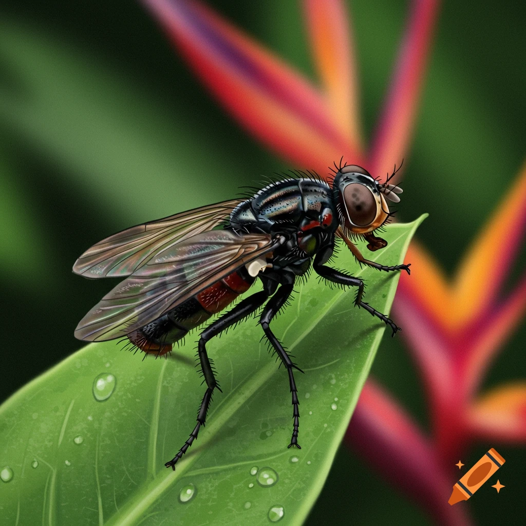 Close-up, photorealistic image of a black soldier fly on a green leaf with water droplets, blurred red and orange flowers in the background.