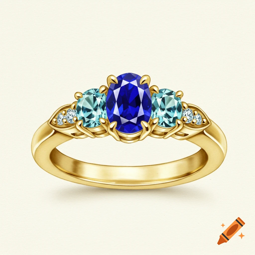 A yellow gold ring featuring a prominent oval blue sapphire, flanked by two light blue aquamarine stones, and small round diamonds.