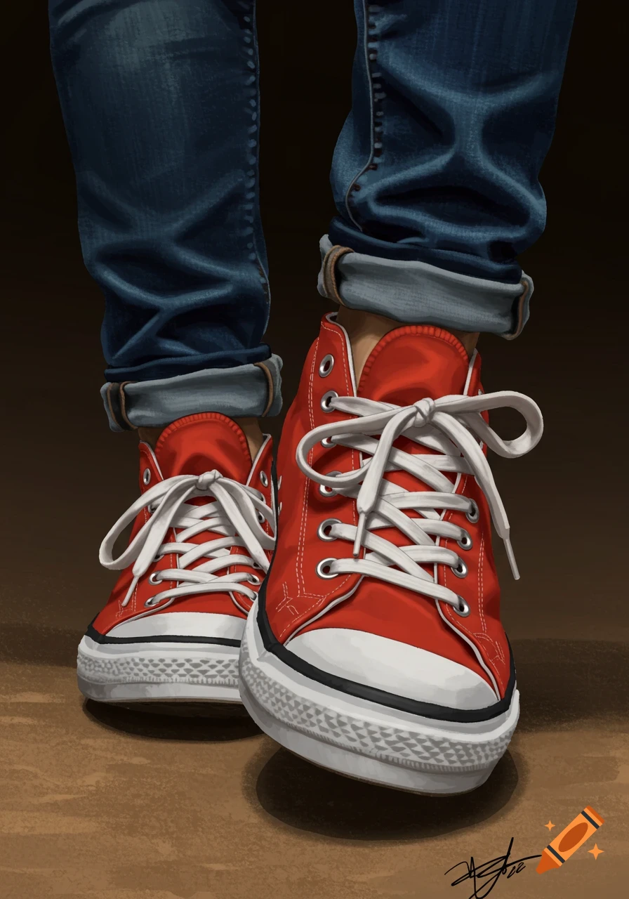 A close-up illustration of a person's legs wearing blue jeans and red high-top sneakers on a brown surface.