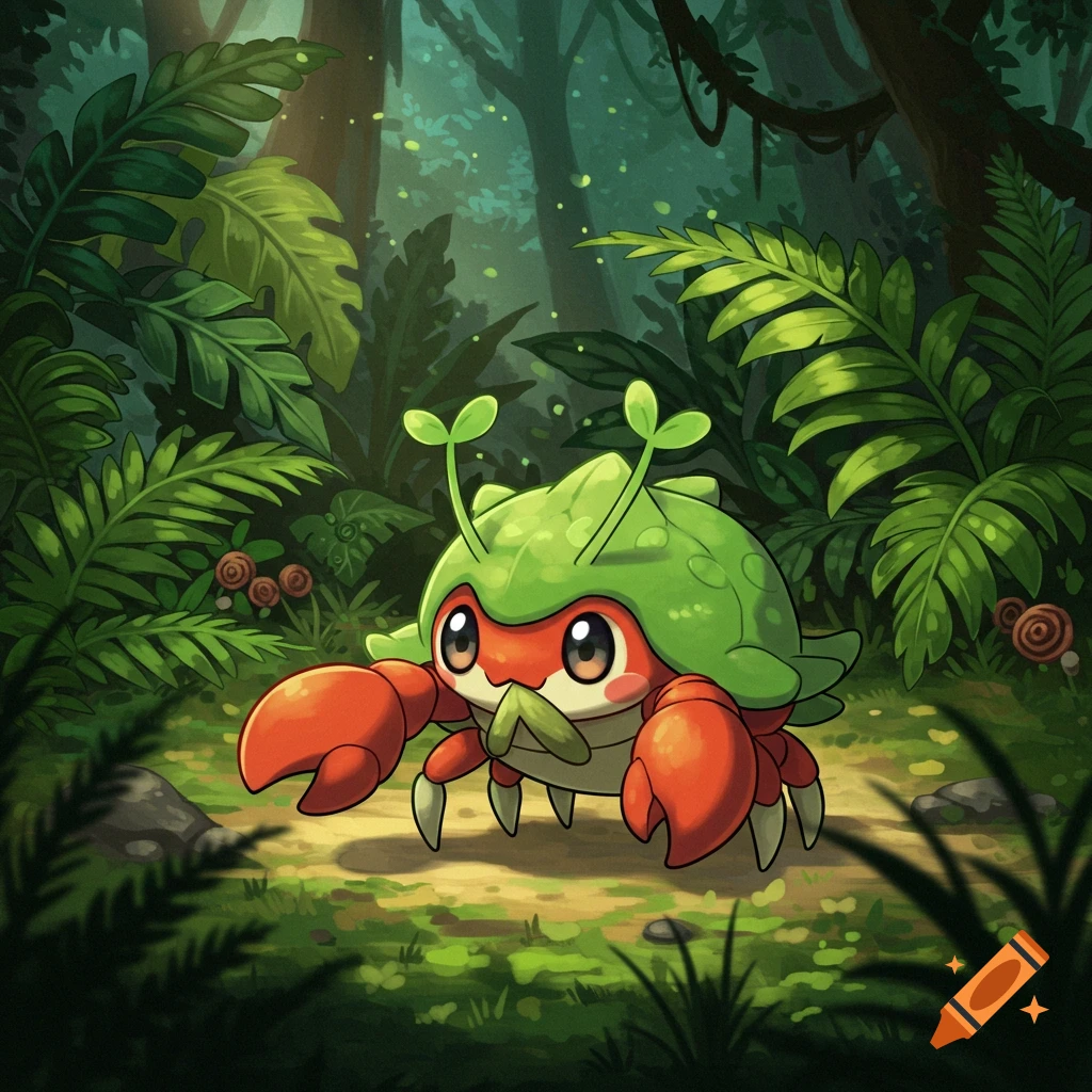 A cute, green and red Pok amon-style crab creature with leaf antennae stands in a lush jungle.
