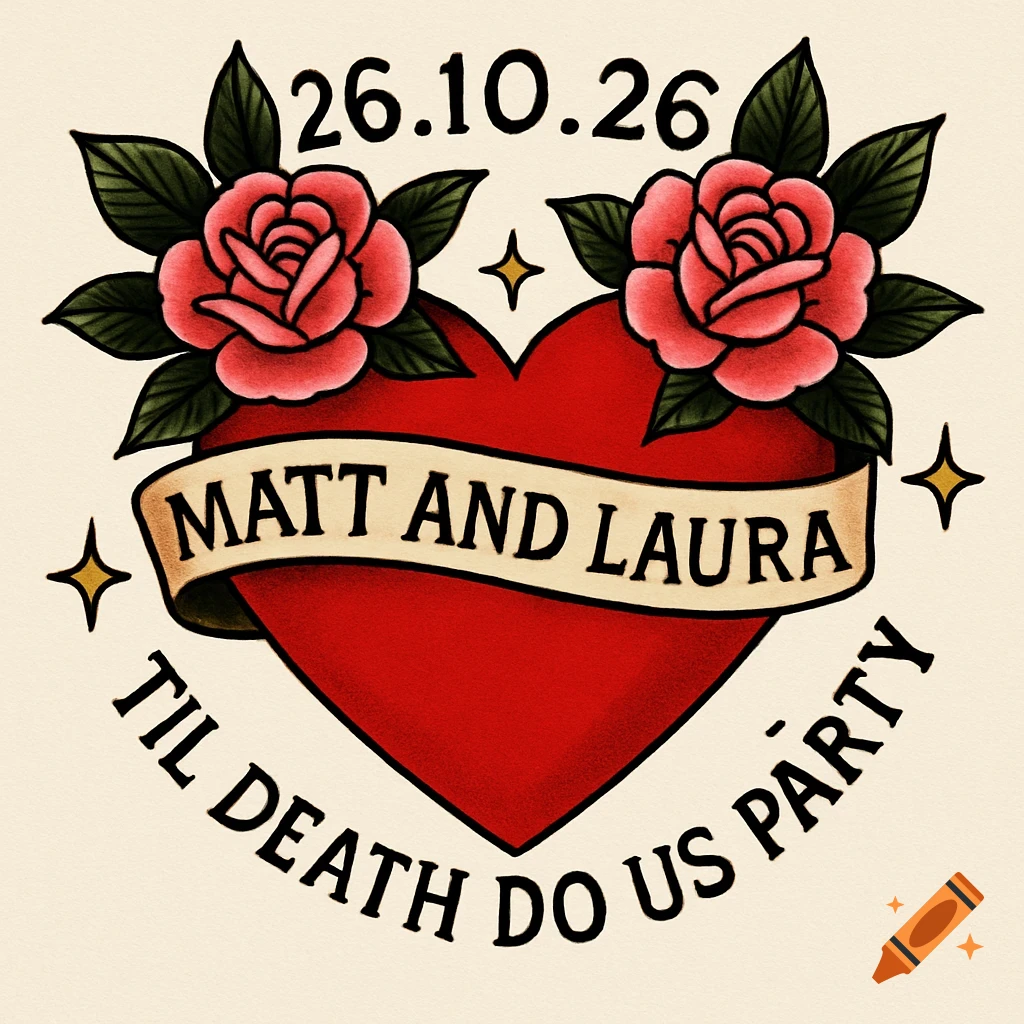 Traditional tattoo design of a red heart with pink roses, featuring the date 26.10.26, names Matt and Laura, and the phrase 'Til Death Do Us Party', with gold stars.