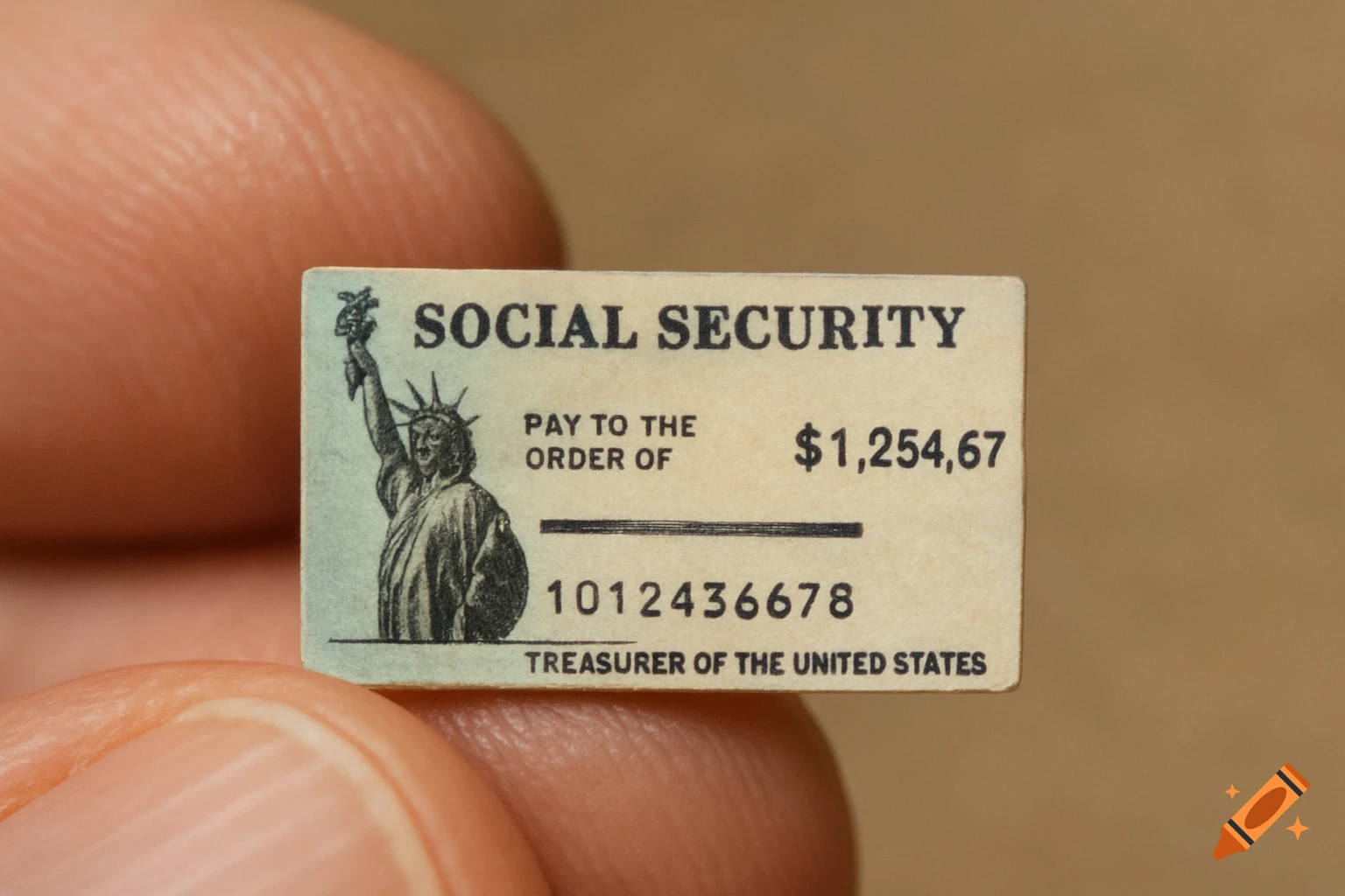 A close-up of a tiny, detailed Social Security check, held between two fingers, with clear text and a Statue of Liberty design.