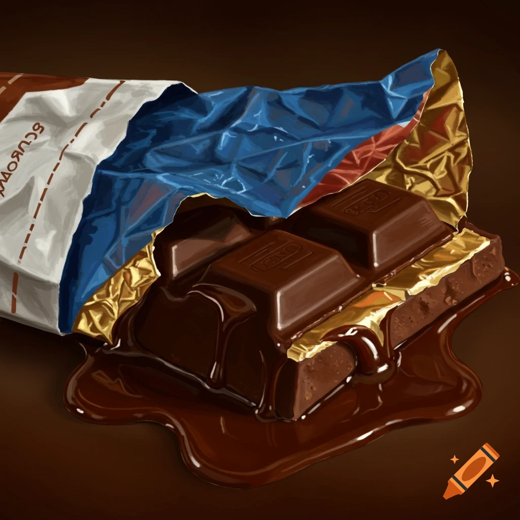 A photorealistic image of a partially opened chocolate bar melting, with chocolate syrup pooled around it. The bar is wrapped in gold foil and a blue and red paper wrapper.