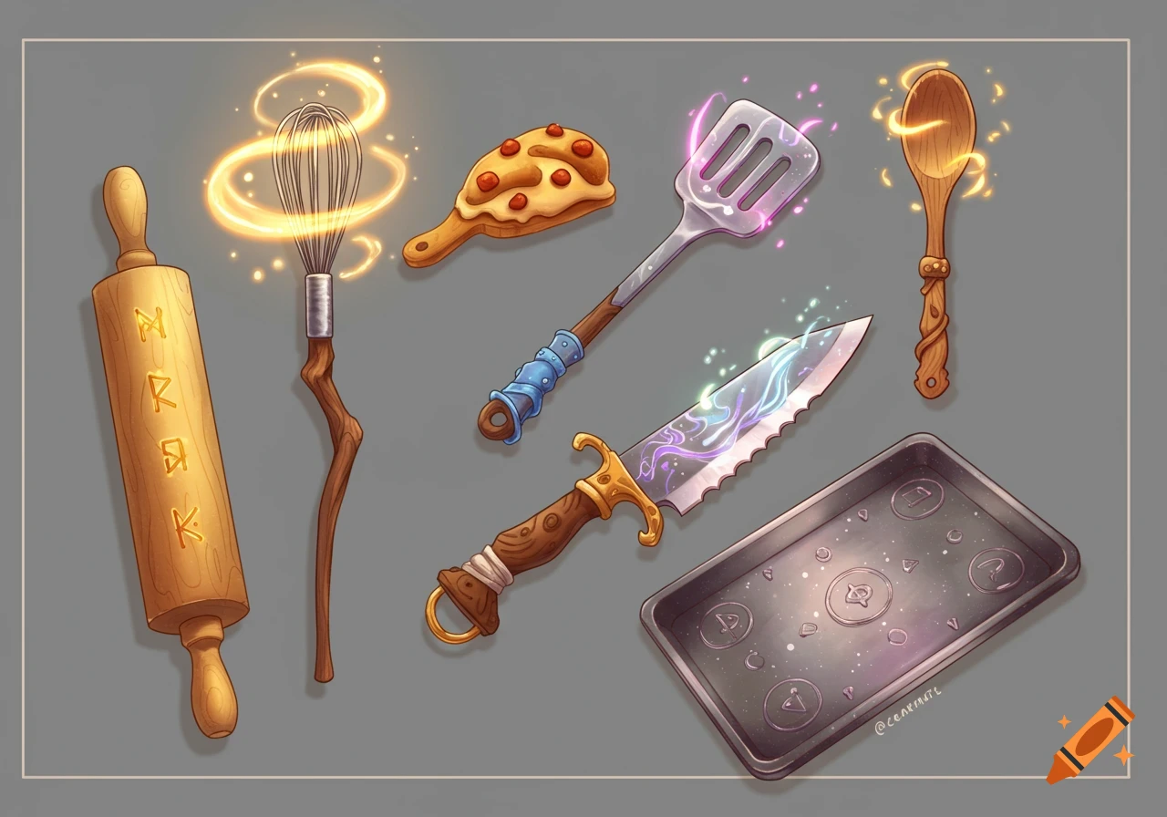 Illustrated magical cooking tools including a glowing whisk, runic rolling pin, serrated knife, spatulas, and spoon with magical effects.