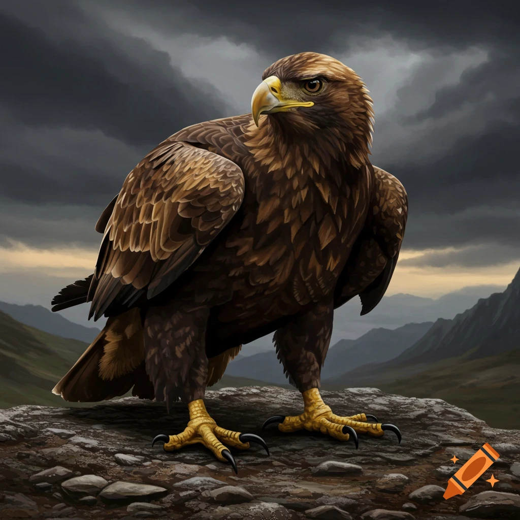 A majestic brown eagle with a yellow beak and talons perches on a rocky outcrop against a dark, cloudy sky and mountains.