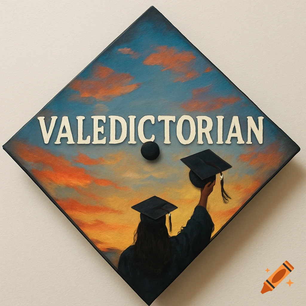 A painted graduation cap with "VALEDICTORIAN" text above two figures in gowns at sunset, one holding a cap up.