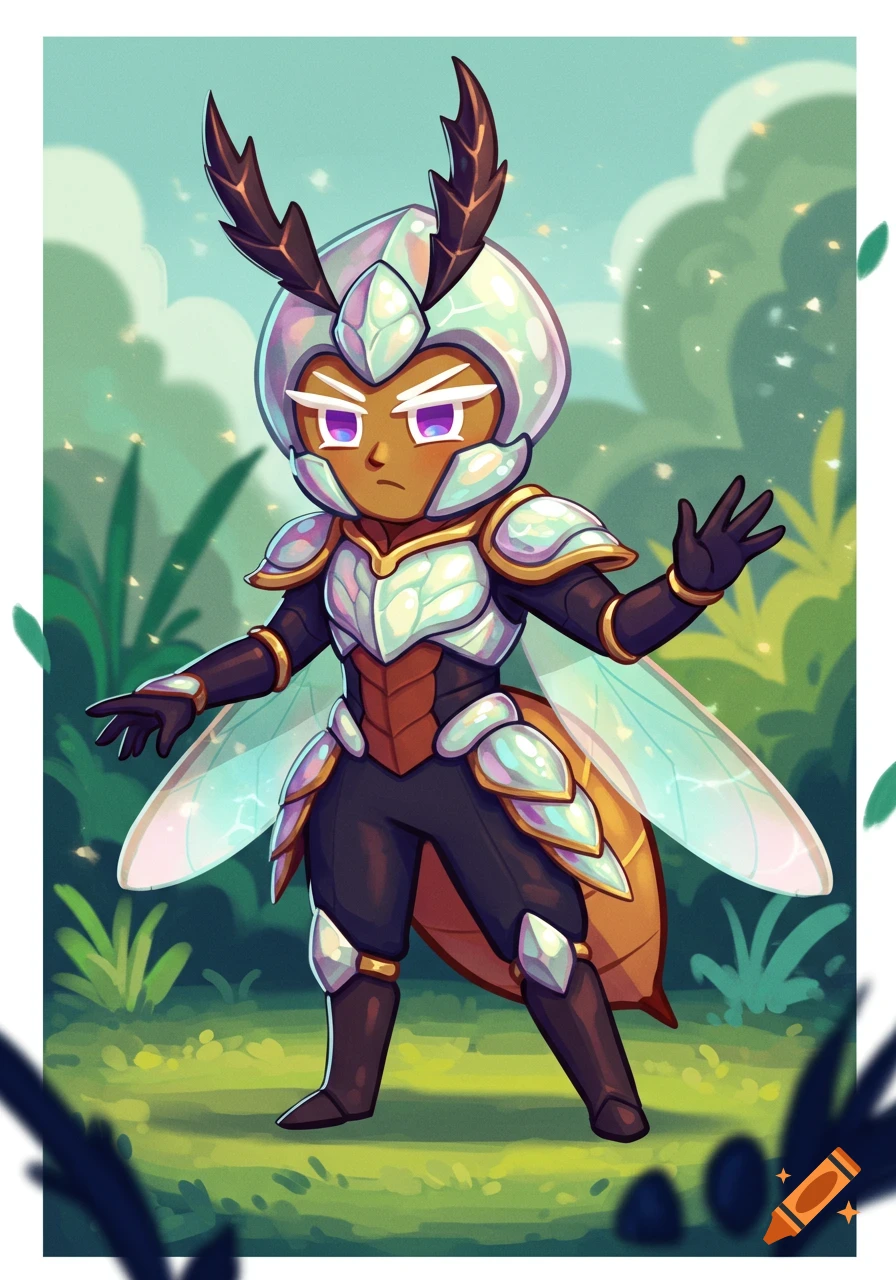 A cartoon cookie character from Cookie Run Kingdom, dressed in iridescent white and brown arthropod-inspired armor with clear wings, stands in a forest.