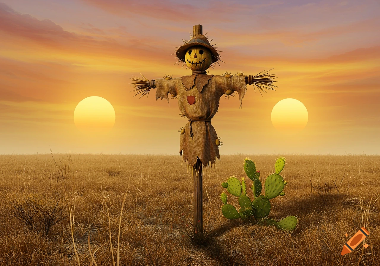 A scarecrow with cactus spikes stands in a field of dry grass at sunset with two suns in the sky.