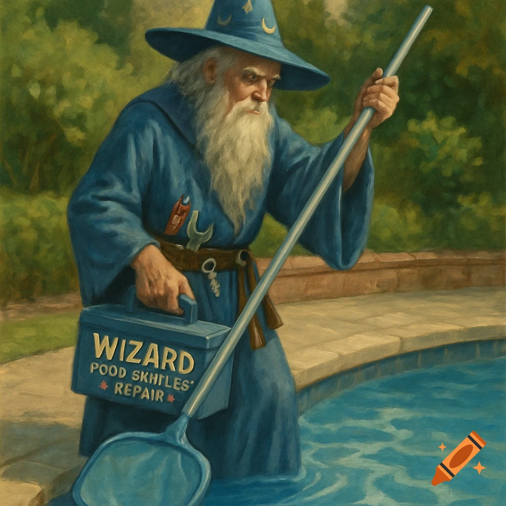 A wizard in a blue robe and pointed hat, holding a pool skimmer while standing in a swimming pool, holding a blue toolbox that says "WIZARD POOD SKHITLES' REPAIR". The art style is painterly.