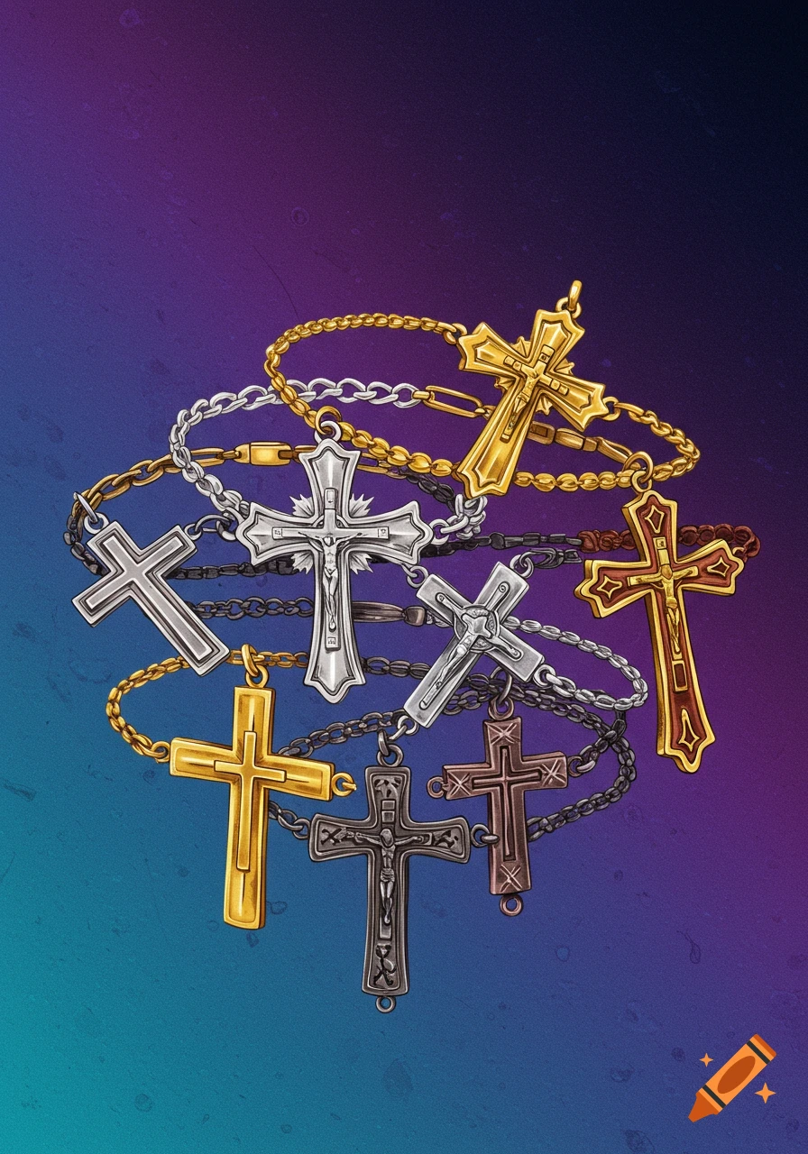 An assortment of gold, silver, and bronze crucifixes and crosses with various chains on a purple and blue gradient background.
