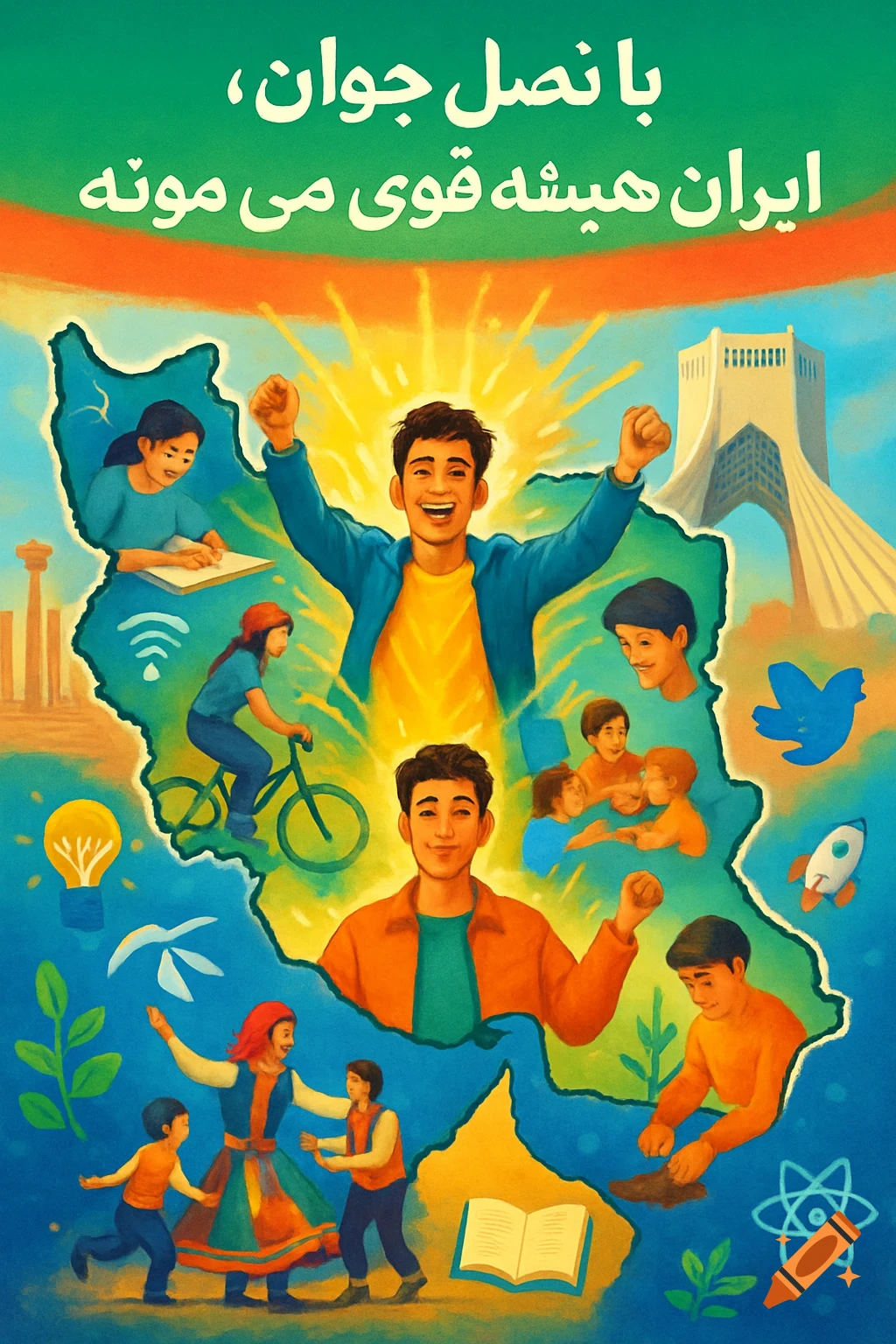 Vibrant illustration of Iran's map with scenes of young people, cultural elements, and Azadi Tower. Text reads 'With the young generation, Iran will always remain strong'.