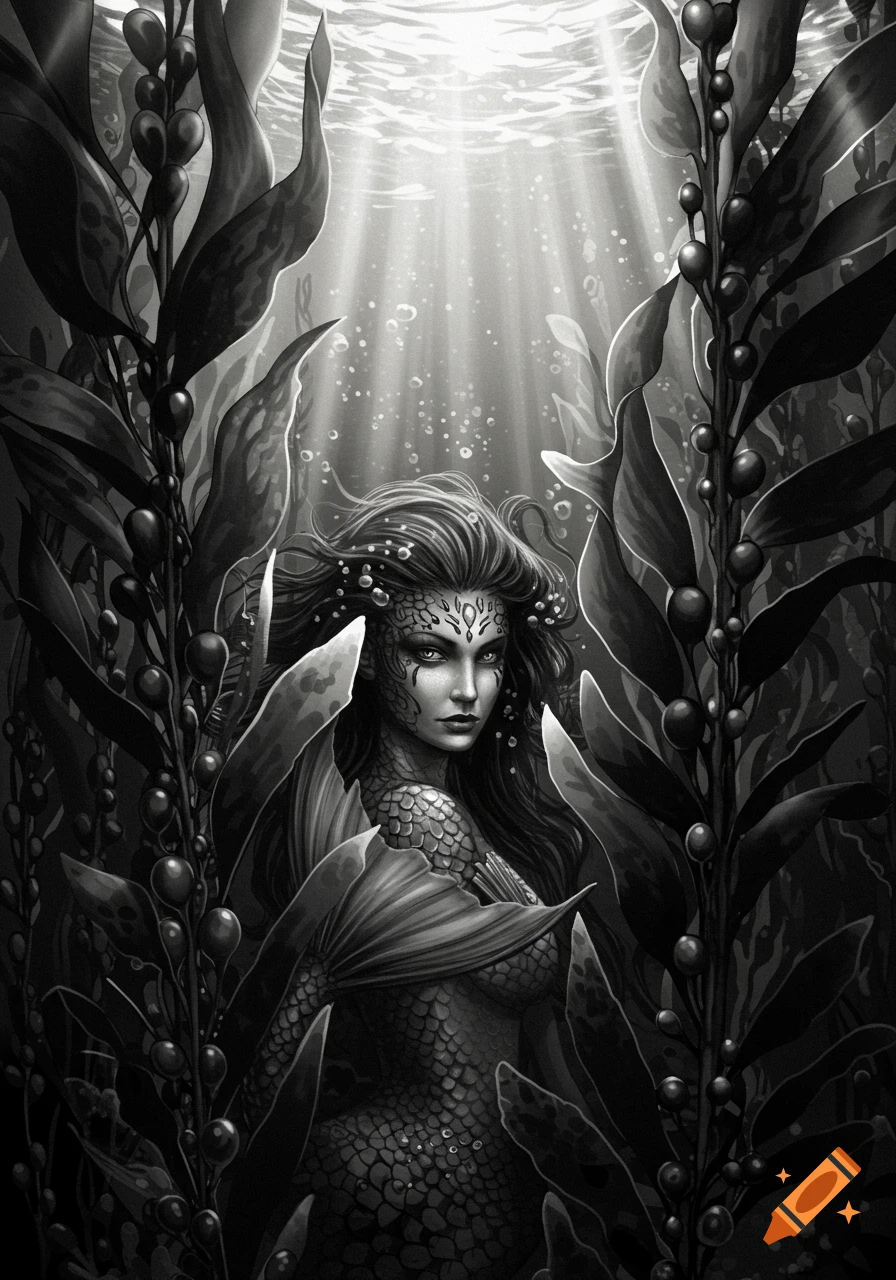 A black and white tattoo-style illustration of a mermaid with decorative face markings hidden among flowing kelp, illuminated by sunbeams from above.