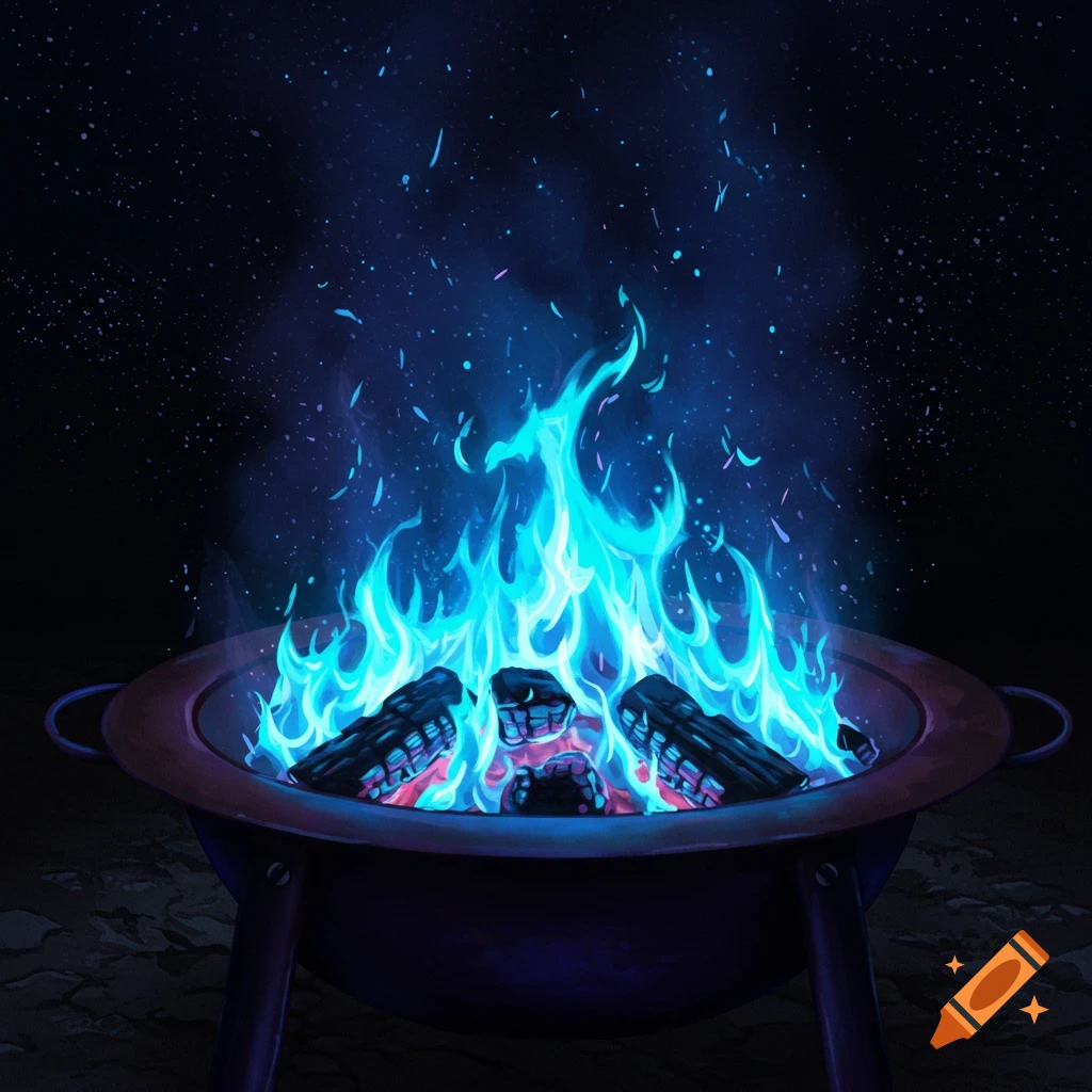 A vibrant blue fire burns brightly in a fire pit under a dark, starry night sky, with sparks rising.