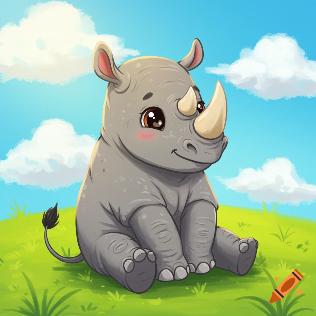 A cute cartoon rhino sits on green grass under a blue sky with white ...