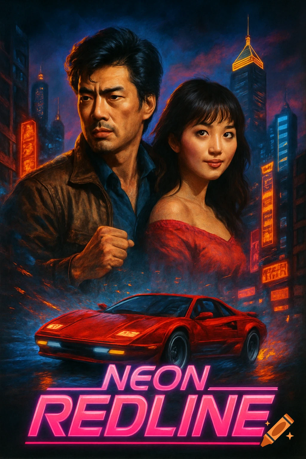 80s style movie poster with an Asian man and woman, a red sports car, and neon city lights, titled 'Neon Redline'.