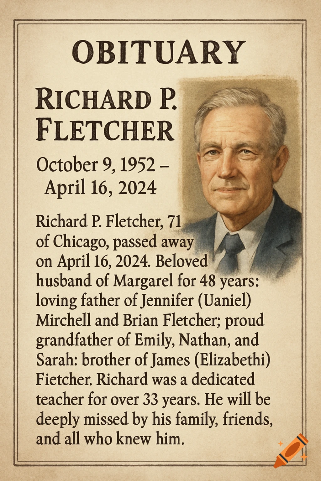 An obituary notice with the title 'OBITUARY' and a portrait of a man on the right, alongside text detailing his life and passing.