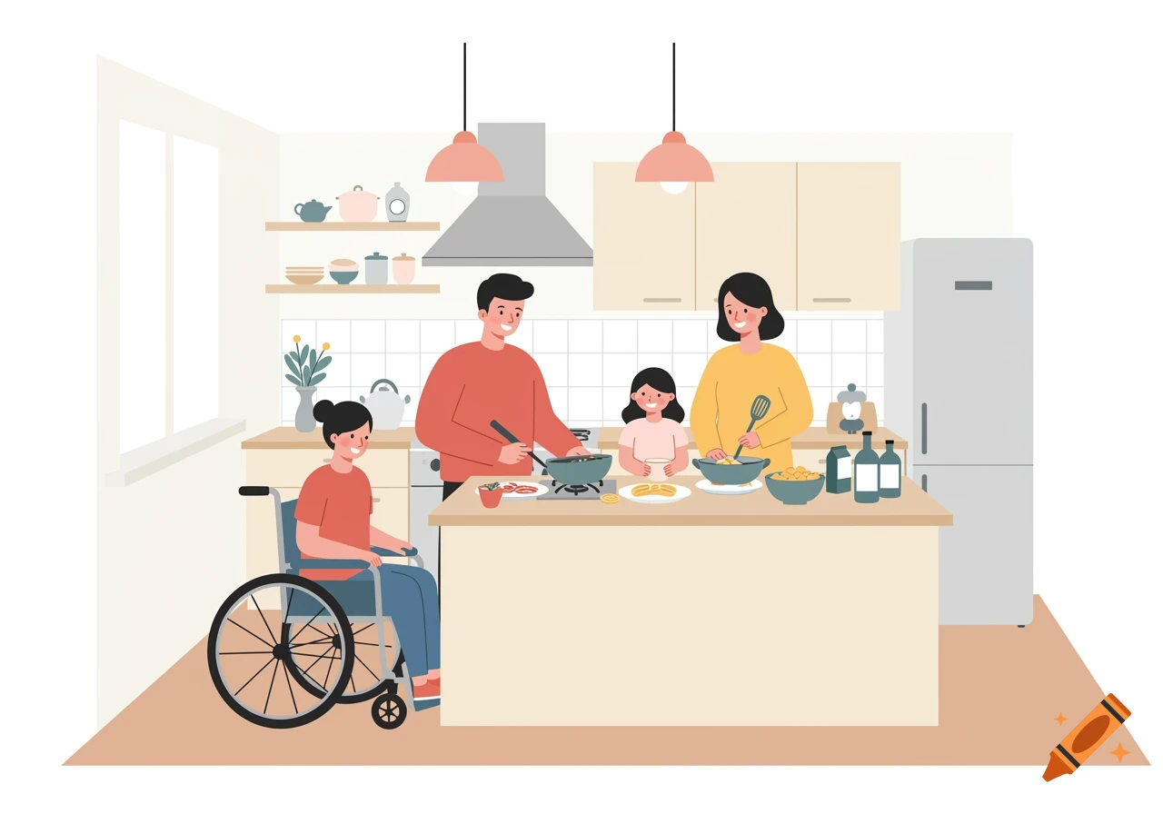 A minimal flat illustration of a family, including a person in a wheelchair, cooking together in a bright kitchen.