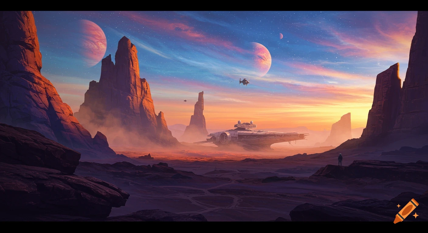 A vibrant alien landscape at sunset with large planets, towering red rock formations, spaceships, and a lone figure.