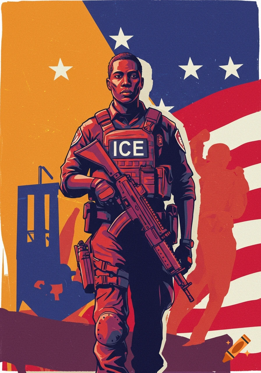 Graphic art illustration of a male figure in an ICE uniform holding a rifle, against a background of the American flag.