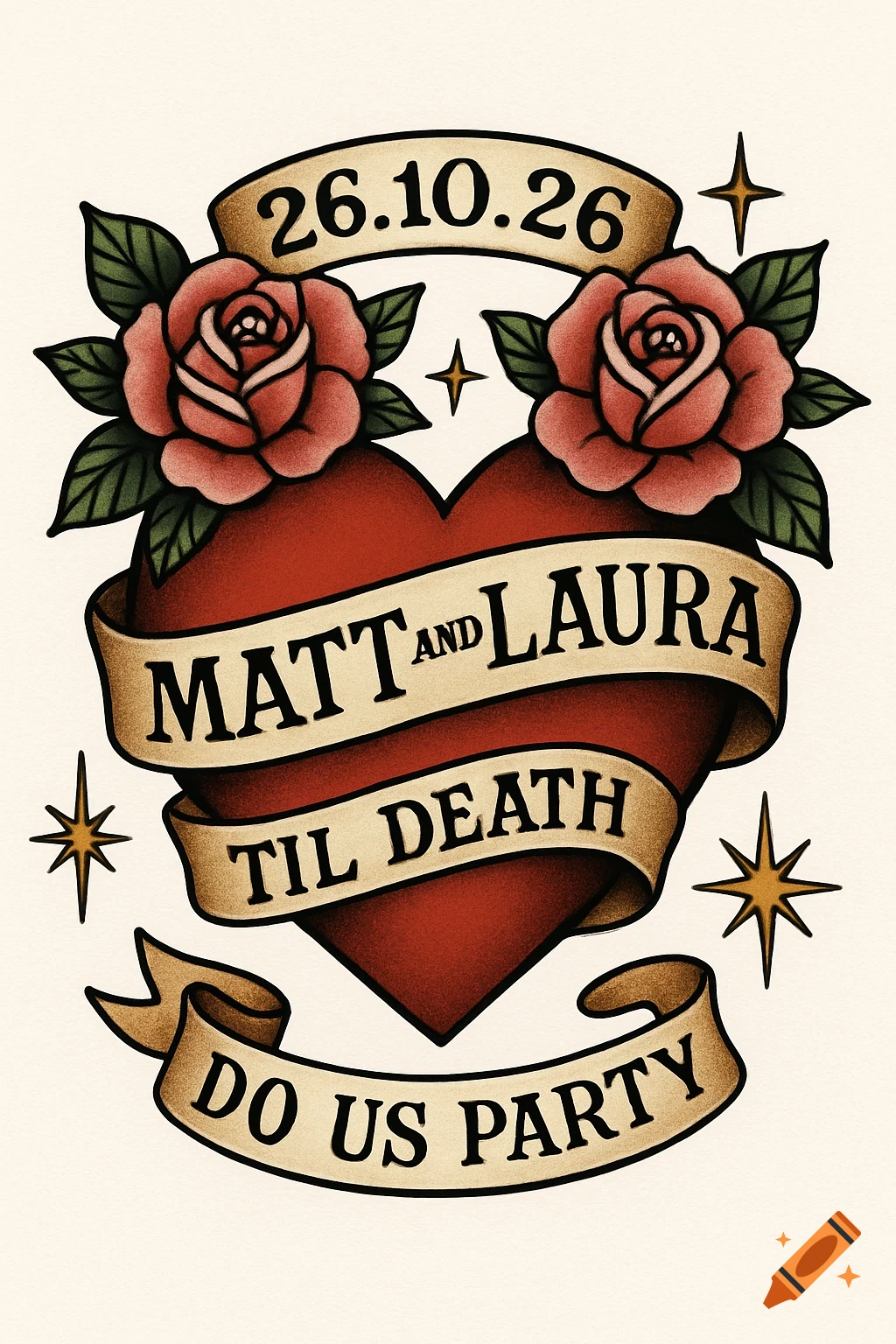 Traditional tattoo design featuring a red heart with pink roses, surrounded by banners reading '26.10.26', 'MATT and LAURA', and 'TIL DEATH DO US PARTY', with small gold stars.