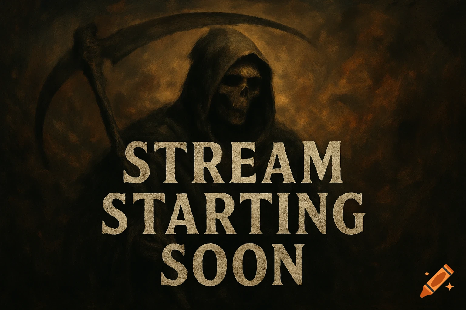 A hooded skeletal Grim Reaper holding a scythe in a dark, textured background with the text "STREAM STARTING SOON."