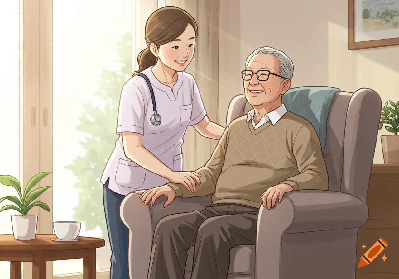 An illustration of a smiling caregiver standing next to a smiling senior man seated in an armchair in a sunlit home.