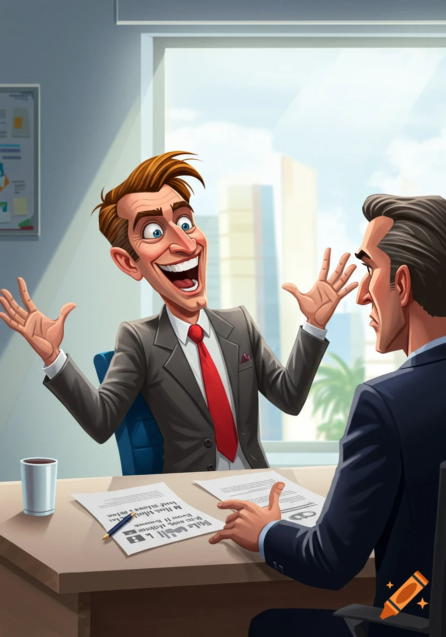 A cartoon man with an exaggerated, excited expression talks animatedly to a serious-looking man across a desk in an office setting.