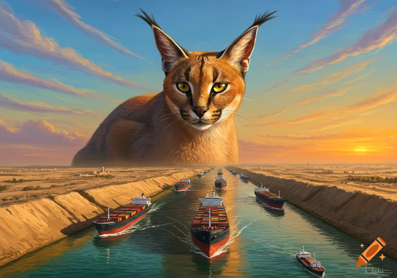 A giant caracal looms over cargo ships in the Suez Canal, a desert landscape painting.