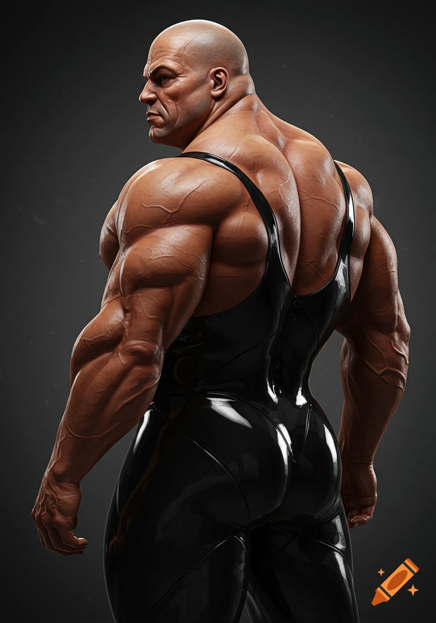 Highly muscular bald man in a tight black singlet, seen from behind, flexing powerful physique, digital art.