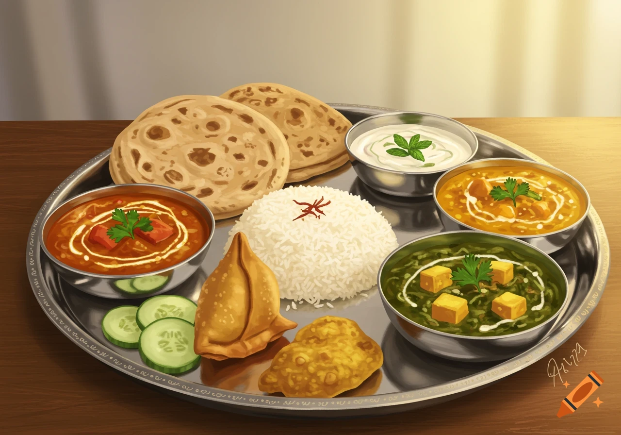 A detailed illustration of a Thali Indian meal with three curries, rice, two chapatis, samosa, papad, raita, and cucumber slices on a metal platter.