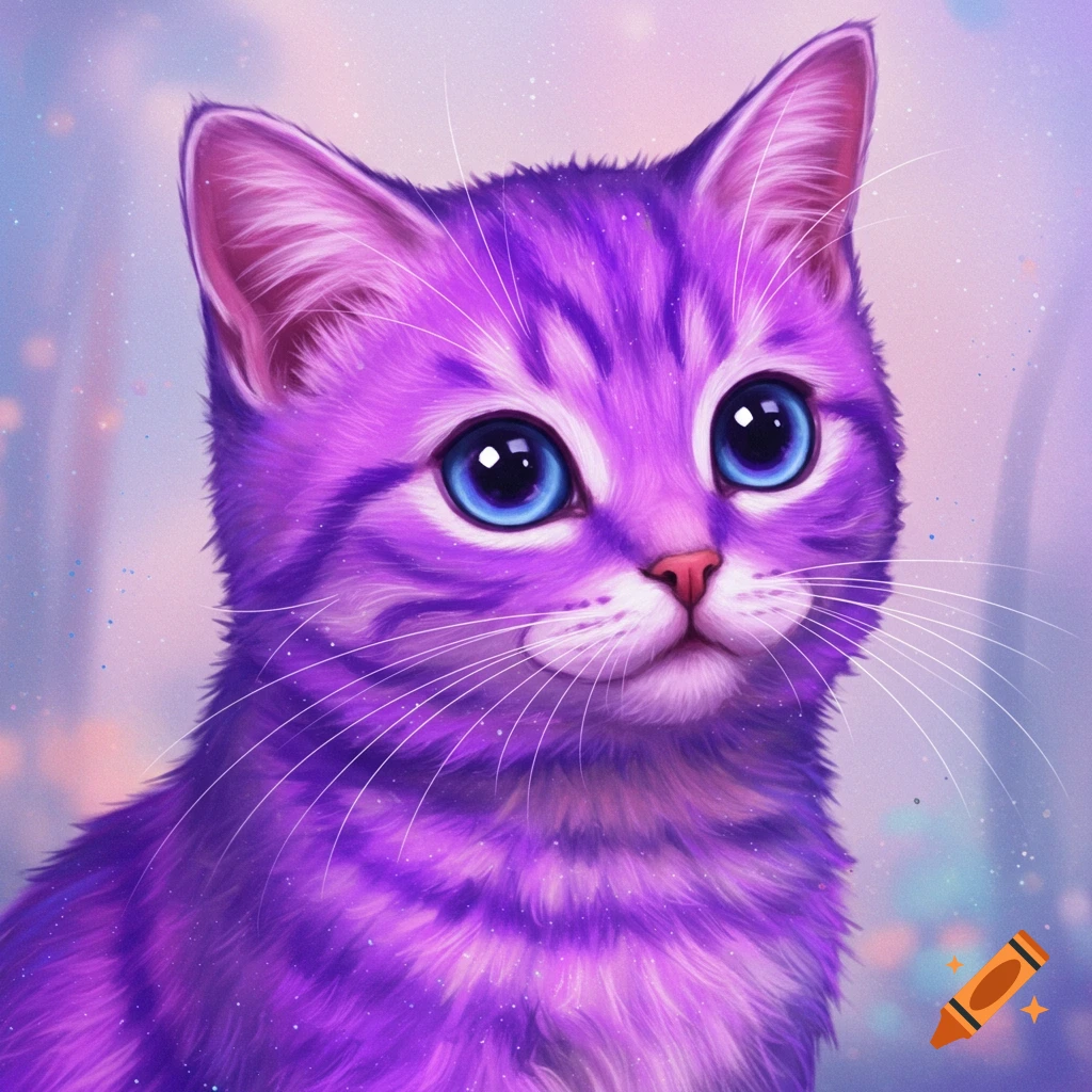 A cute, stylized purple tabby cat with large blue eyes looks forward, set against a dreamy, sparkling light purple background.